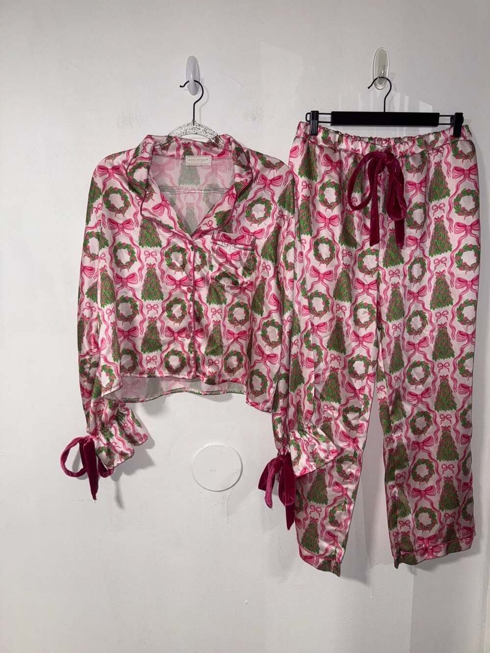 Simply Southern Coquette Christmas Tree and Wreath Print Satin Pajama Set